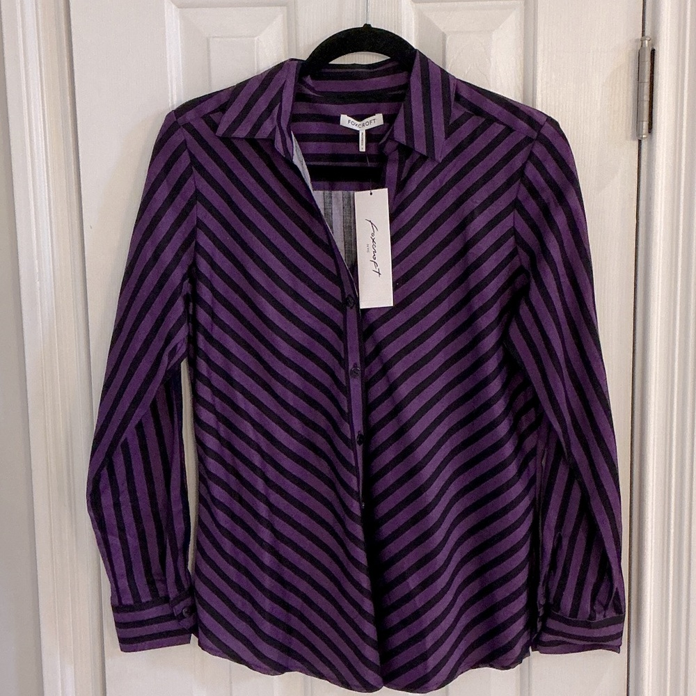 NWT Foxcroft Purple and Black Diagonal Stripe Button-Down Shirt
